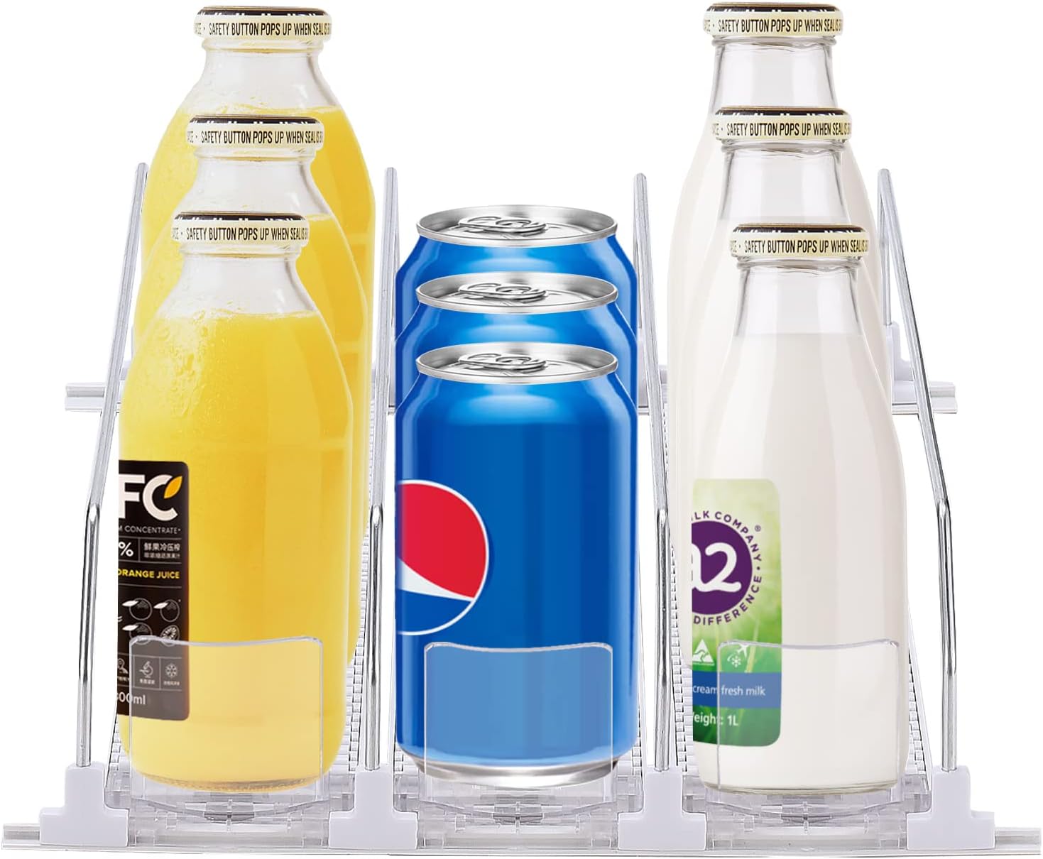 Drink Dispenser for Fridge, 6 Row Self-Pushing Soda Can Organizer for Refrigerator, Width Ajustable Beverage Pusher Glide Beer Pop Can Water Bottle Storage for Pantry (6 Row)