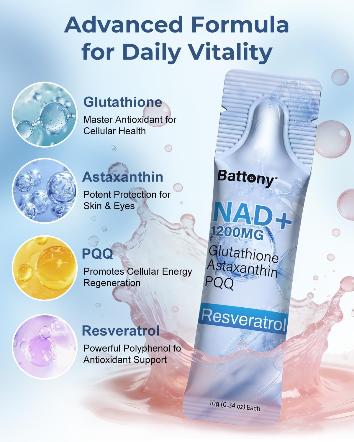 Battony NAD+ Liquid Supplement 1200mg – High Absorption Liquid Packets with NMN, Resveratrol, Glutathione, PQQ – Boost Cellular Energy & Healthy Aging for Men & Women – 30 Servings