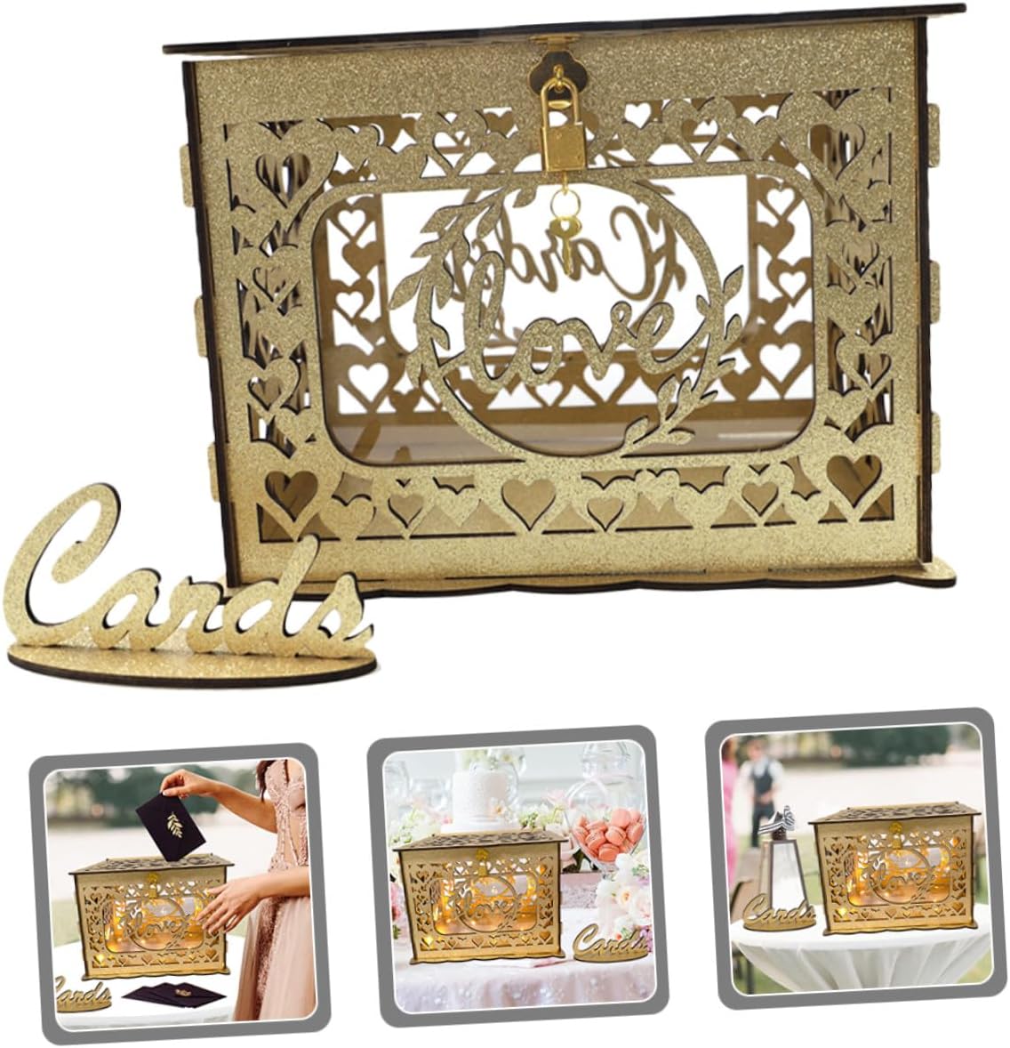 Zerodeko Wooden Card Box with Lock and Envelope Holder, Portable Square Greeting Card Container for Wedding, Birthday, Graduation Party Keepsake Storage