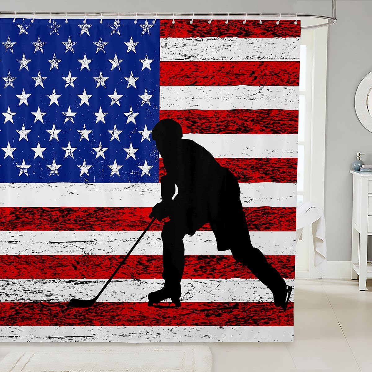 American Flag Bath Curtain, Boys Football Shower Curtain 72" W X 78" L, Soccer Sports Games Shower Stall Curtain United States Federations Stars Stripes Waterproof Fabric Bathroom Accessories