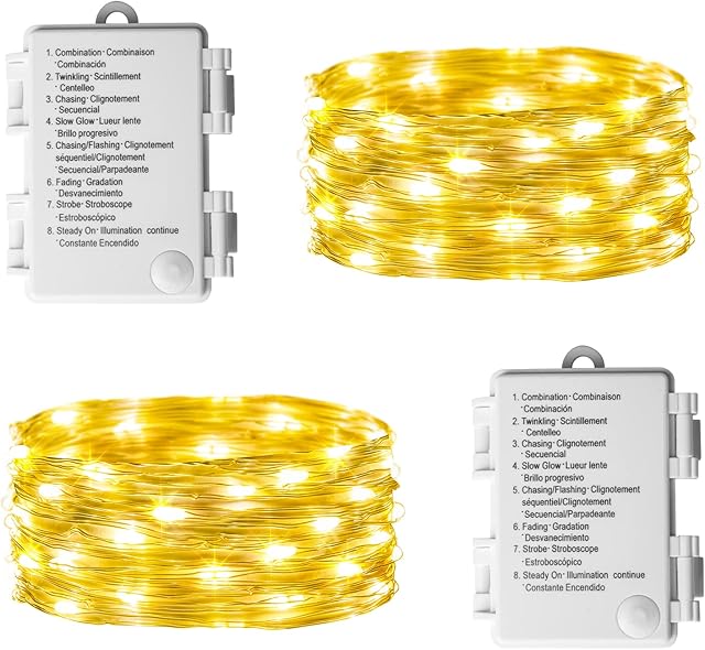 Eambrite [2 Pack Fairy Lights Battery Operated with 8 Modes 50 LEDs String Lights 5m Copper Wire Light Waterproof for Outdoor Garden Decor, Indoor Wedding Party Bedroom Decorations (16ft, Warm White)