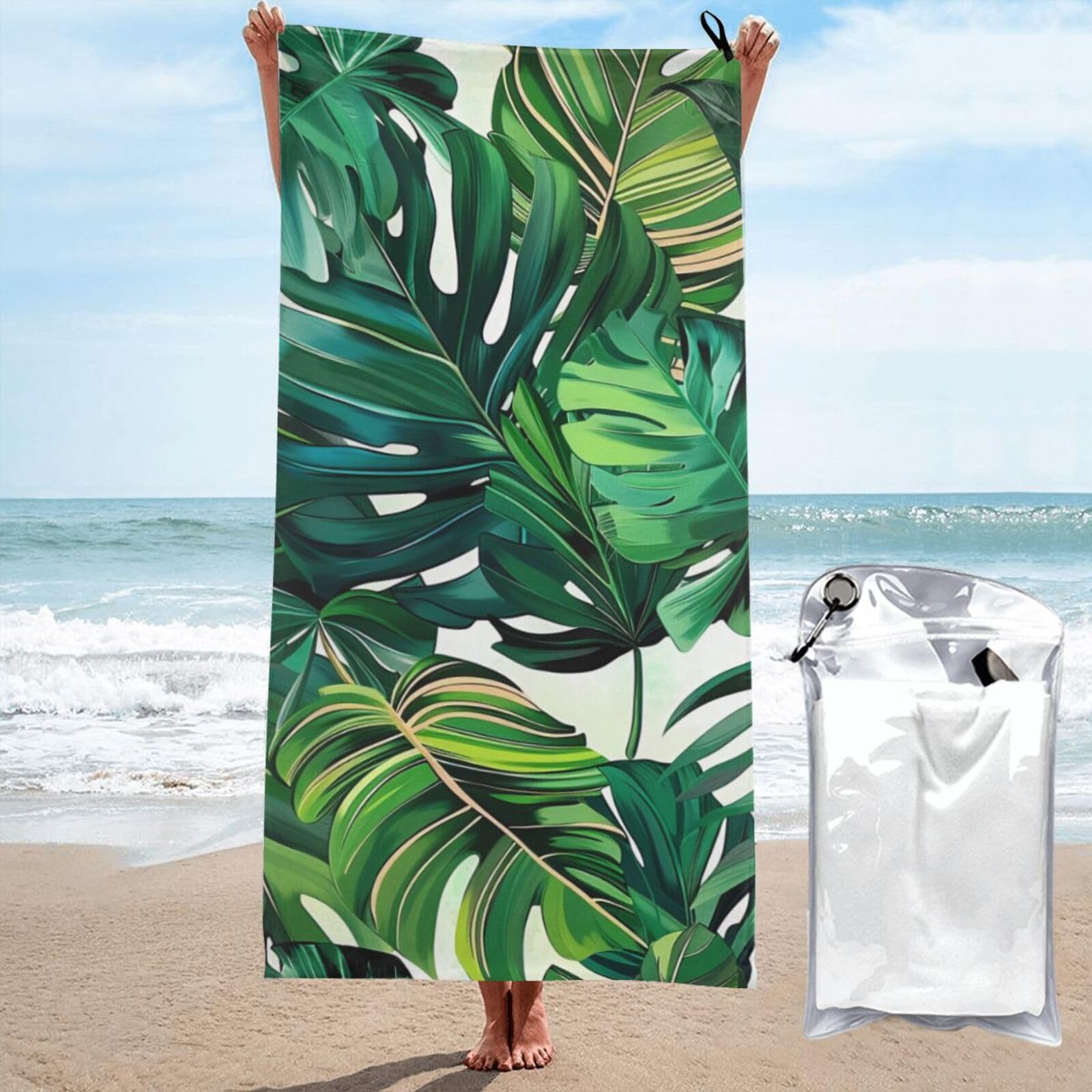 kkvhhyuo Microfiber Beach Towel, tropical leaves Printed Lightweight Quick Dry Travel Bath Sheet with Compact Carry Bag for Swimming Yoga Camping Gym,31.5"x63"