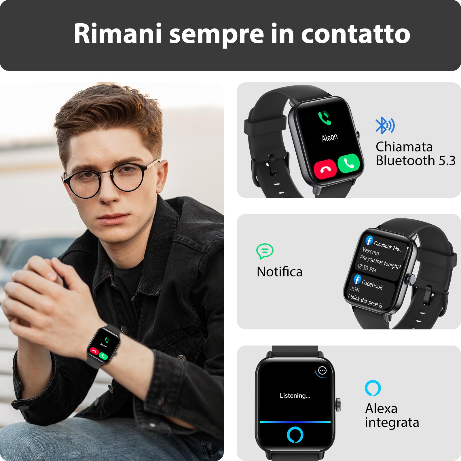 Smartwatch Uomo Donna Rispondi/Effettua Chiamate, 1.8" Orologio Alexa Integrata, SpO2/Frequenza Cardiaca/Sonno/Stress, 100+ Sports, Contacalorie/Passi, IP68 Smart Watch per Android/iOS (Nero, 1.8)