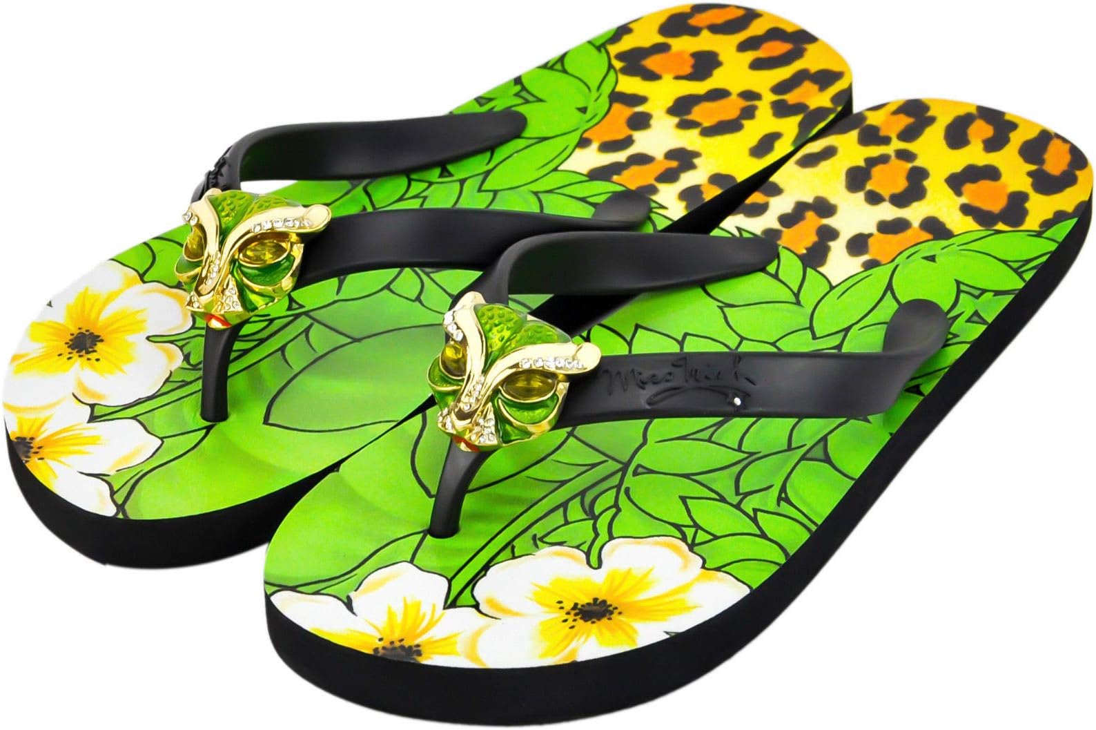 Leopard Diamante Womens Flip Flops (7 UK, Black )