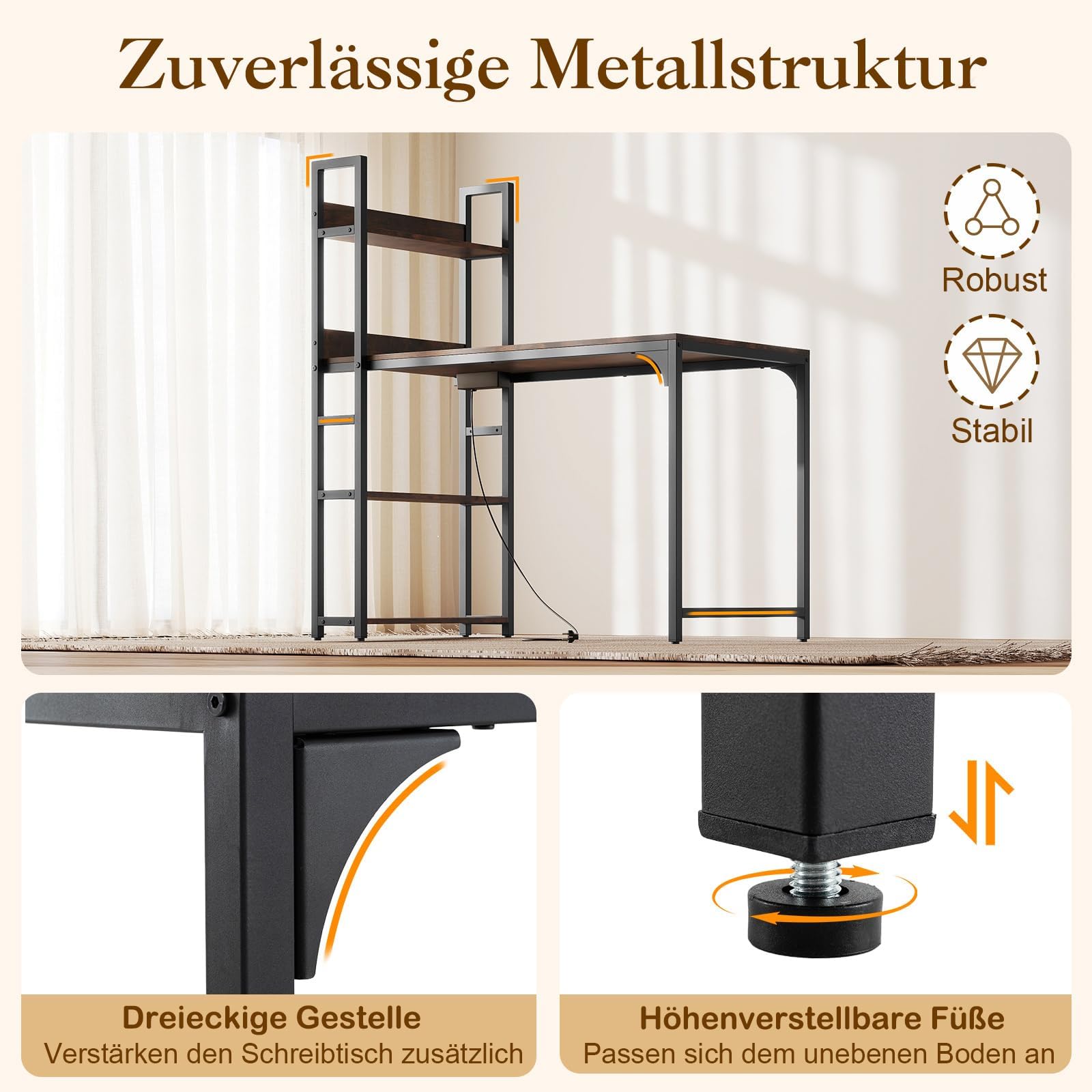 FANTASK Bureau avec bibliothèque Ouverte, Cadre en métal, Port USB et Prise de Courant, 120 x 65 cm, pour Bureau et Salon, Marron