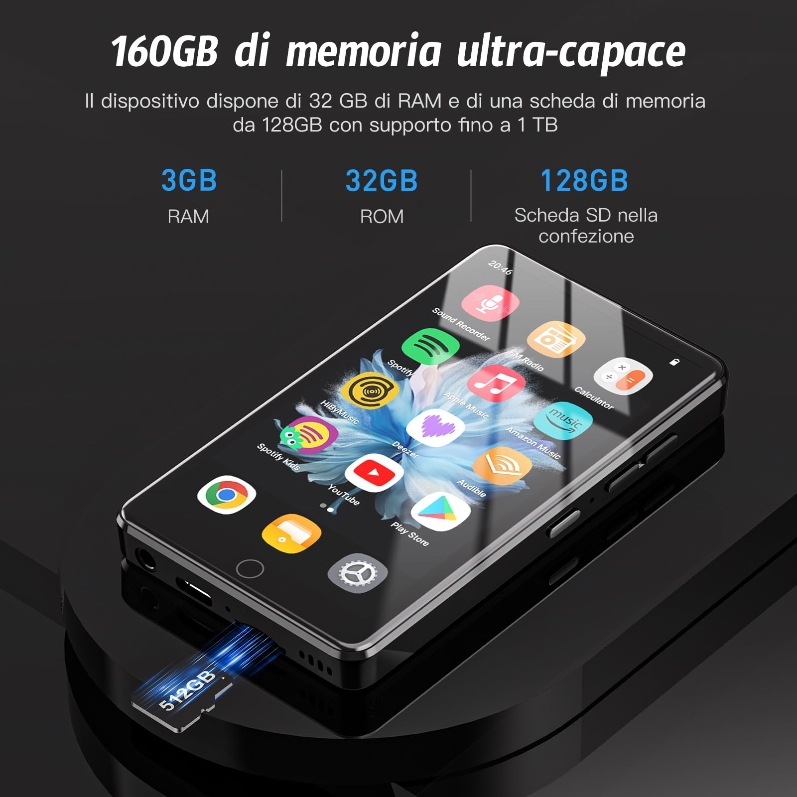 Lettore MP3 da 160GB con Bluetooth e WiFi, lettore MP4 IPS HD Touch Screen da 4,02" con altoparlanti, lettore musicale per bambini con sistema operativo Android 13, lettore MP3 MP4 con Play Store