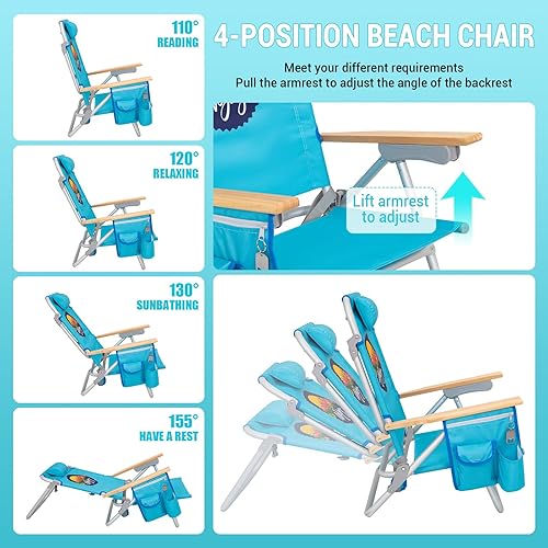 Miniatura 3 de #WEJOY Paquete de 2 sillas de playa de aluminio con 4 posiciones, mochila de playa con reposabrazos de madera, silla reclinable portátil con soporte