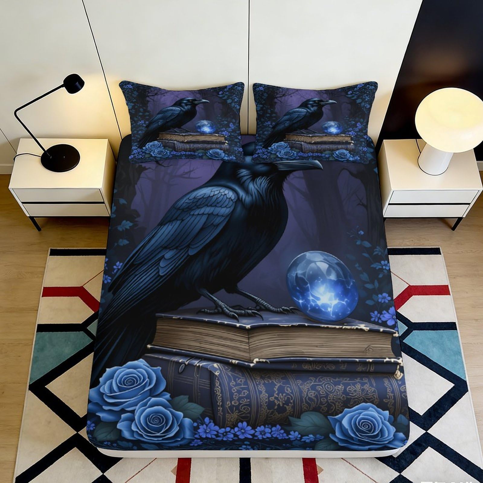3D Printed Mystic Raven Fitted Sheet Microfiber Deep Pocket Mystic Raven Mattress Fitted Cover Non-Slip Bedroom Washable 200x200x25cm 90x200x25cm