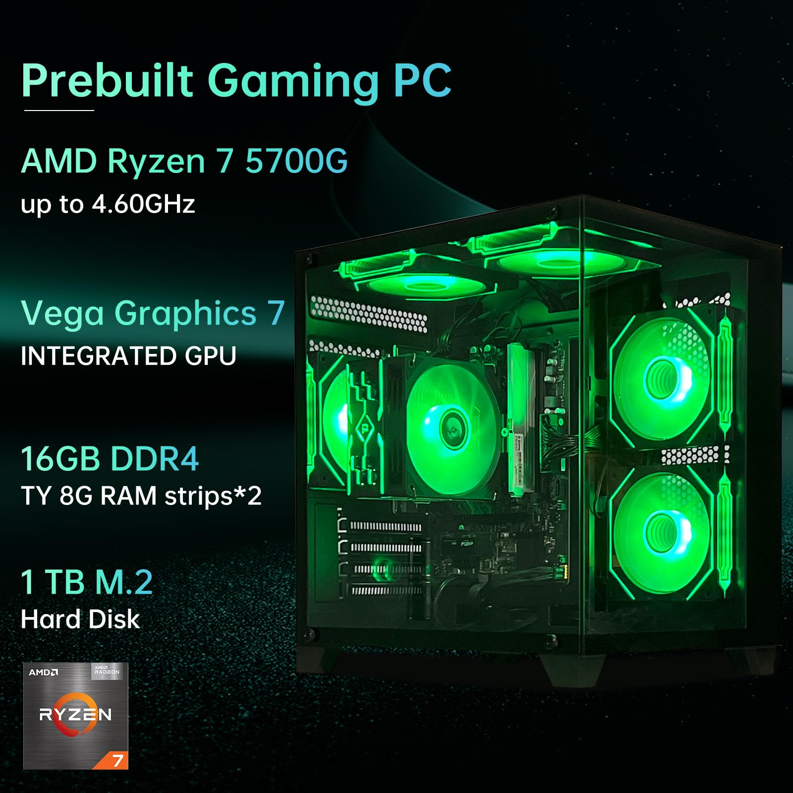 PC Gaming Desktop AMD Ryzen 7 5700G RAM 16G 3200MHz DDR4 1TB M.2 Prebuilt Computer Tower 550W Bronze Power Supply ARGB Air Colling Computer for Office Game