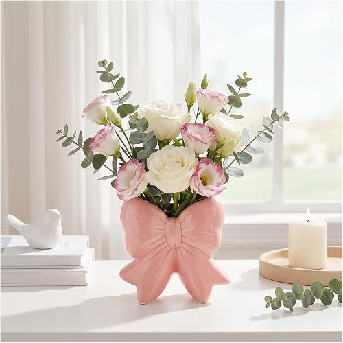 Elegant Pink Bow Shaped Ceramic Vase Multi-Functional Flower Vase | Makeup Brush Holder, Decorative Accent, for Home & Office, Perfect for Coquette & Aesthetic, Room Decor