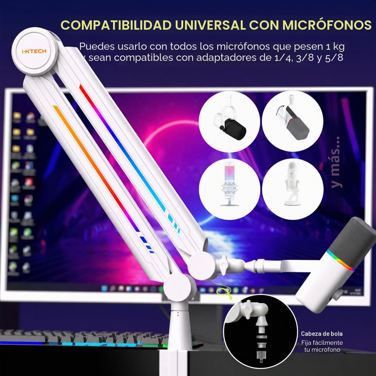 IXTECH Brazo de micrófono RGB de perfil alto, soporte de micrófono de brazo superior para escritorio, soporte de micrófono ajustable con soporte de escritorio, brazo de micrófono para transmisión en