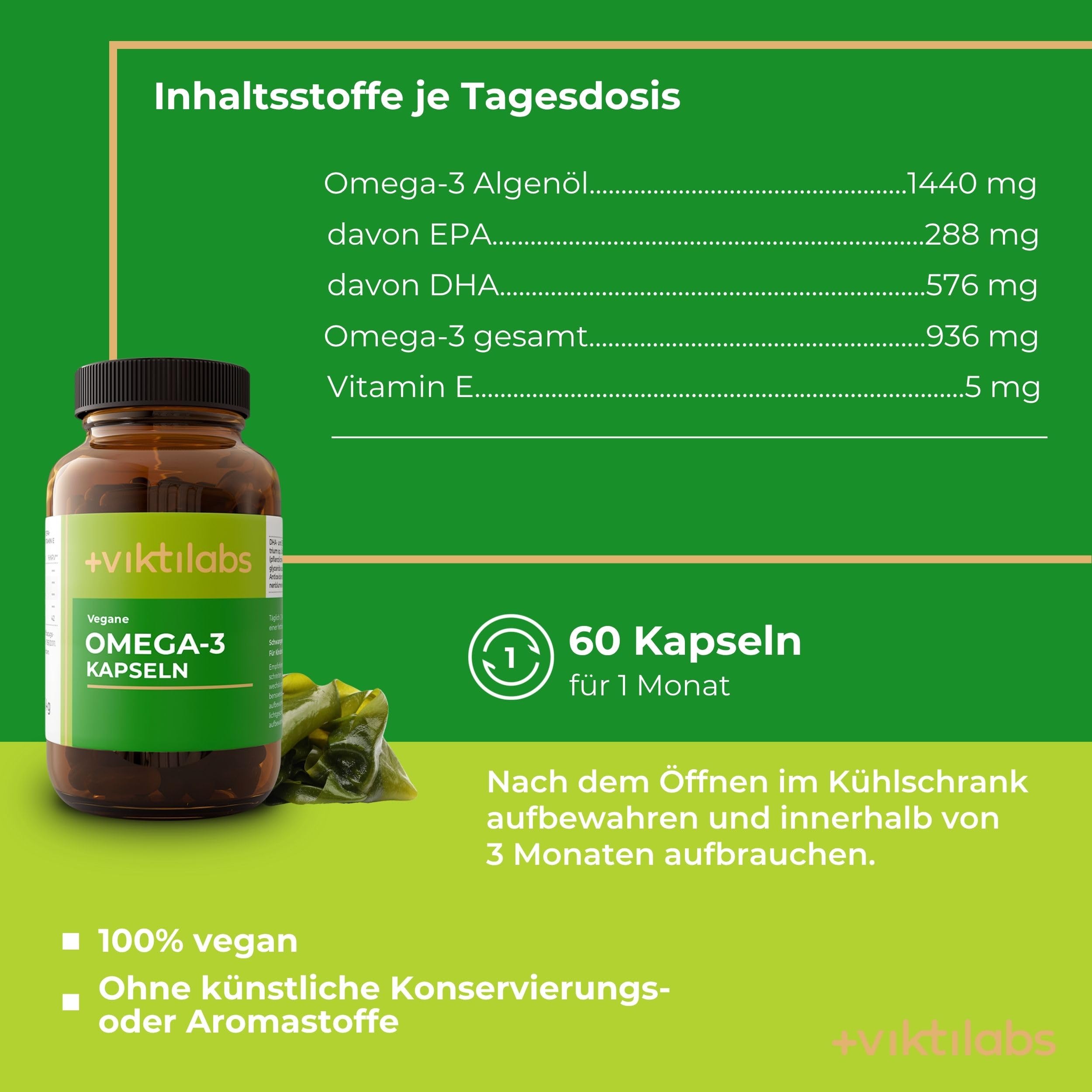 Vegane Omega-3 Kapseln - aus Algenöl - 936 mg Omega-3 pro Tagesdosis | 576 mg DHA & 288 mg EPA pro Tagesdosis - niedriger Totoxwert - 2 Kapseln pro Tag - 60 vegane Kapseln - ohne Zusatzstoffe