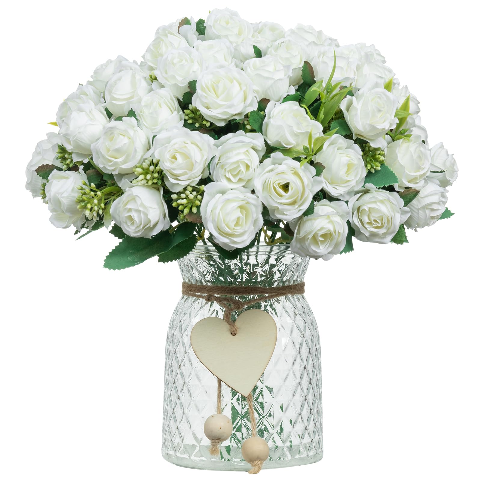 DuHouse 6 Branch Mini Rose Heads Artificial Flowers Bouquet for Wedding Home Parties Decor(White)