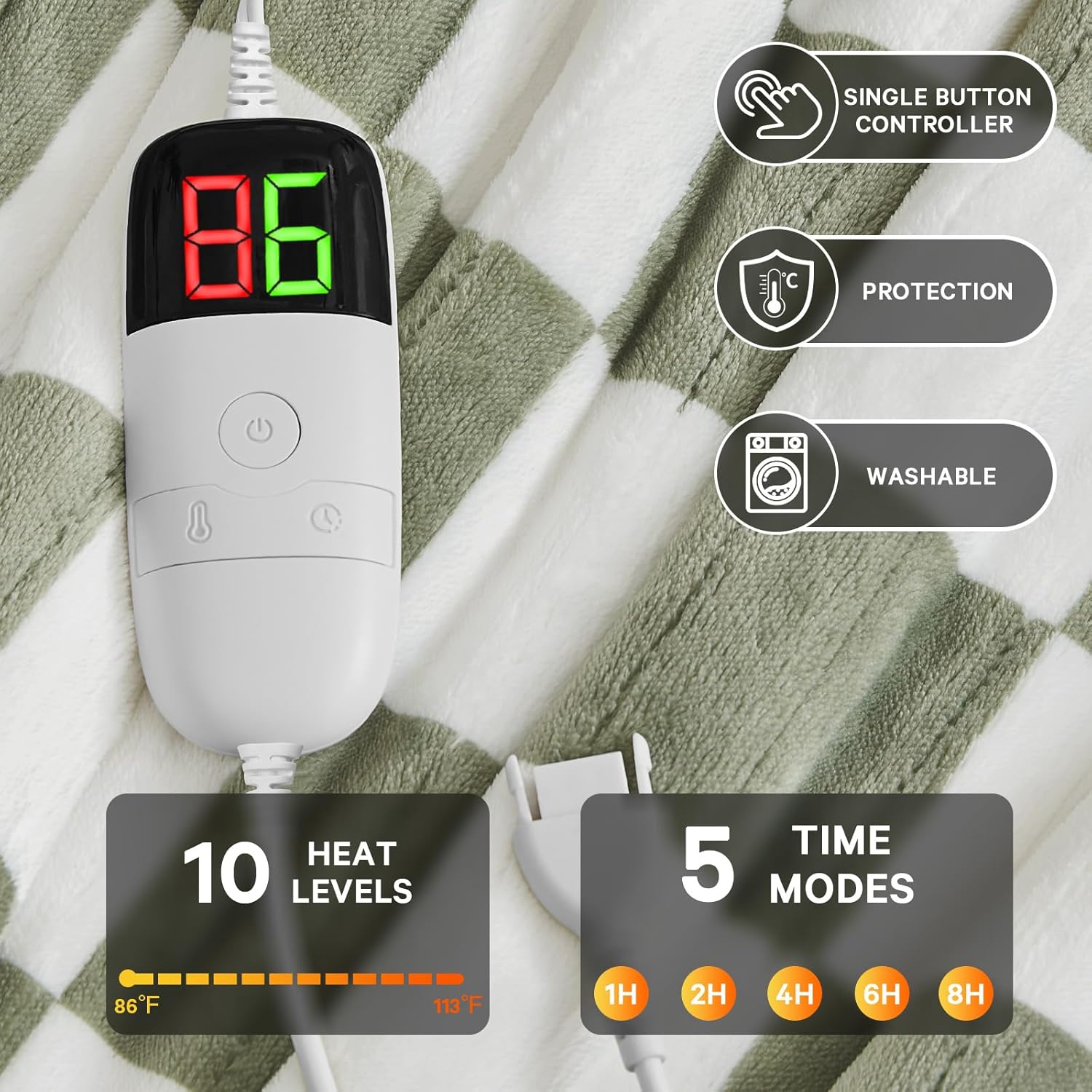 Sage Green Heated Throw Blanket Electric, 50X60 Heating Blanket with 10 Heat Levels & 8 Hours Auto Off for Lap, Checkered Plaid Soft Sherpa Blankets Warmer Gifts for Couch Grandma Women Adults - Image 4