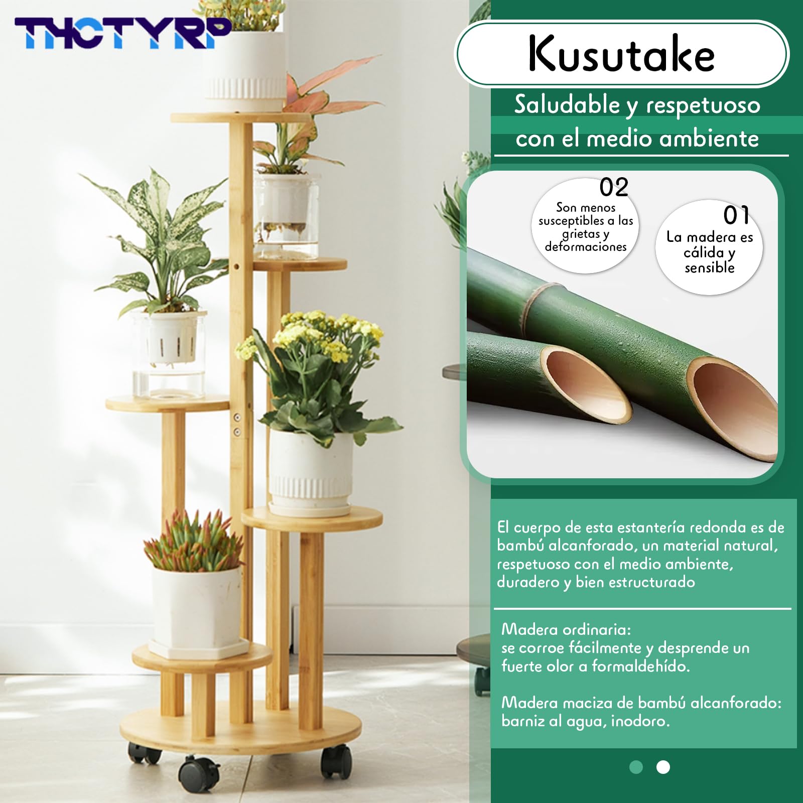 Soporte de flores de bambú alto y bajo, soporte para flores de disco, soporte para macetas de pothos con ruedas para balcón de sala de estar, soporte de flores de interior