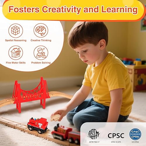 Miniatura 7 de Juego de 60 pistas de tren de madera, accesorios de expansión para niños pequeños de 3 a 5 años, 100% compatible con todas las principales marcas,