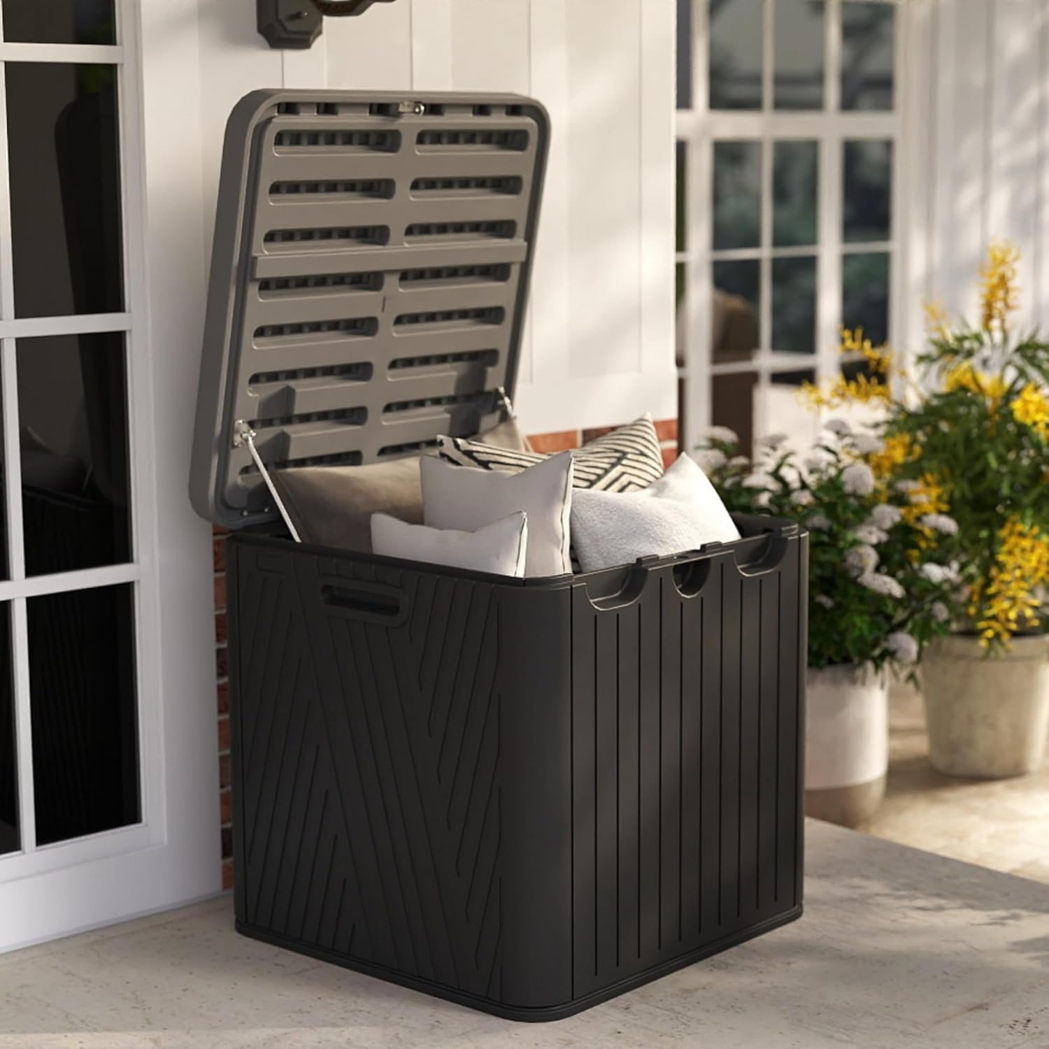 60 Gallon Outdoor Storage Box, Waterproof Patio Deck Box with Lockable Lid, Heavy-Duty HDPE Bench for Garden Tools, Cushions (Black, 60 Gallon)