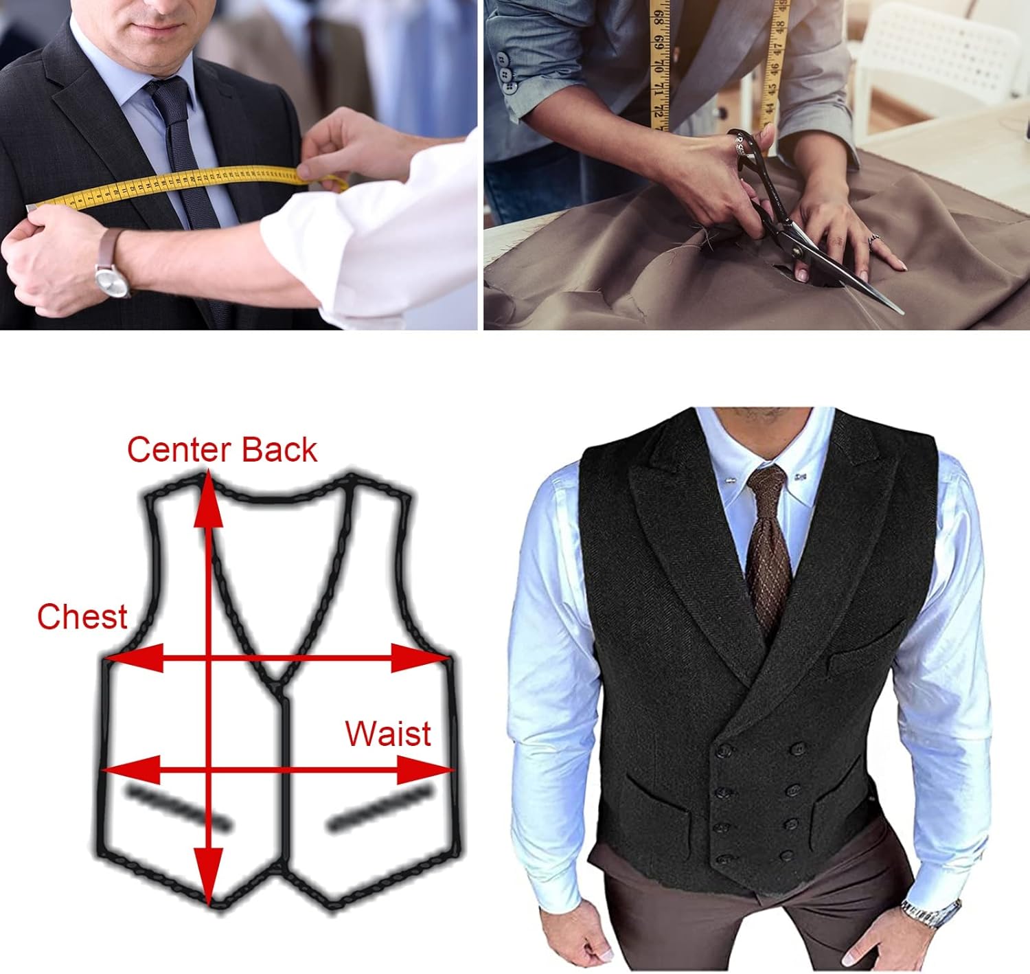 Men's Double Breasted Herringbone Tweed Waistcoat Vintage Lapel Business Wedding Suit Vest for Tuxedo Suit (Color : Green, Size : 5X-Large)