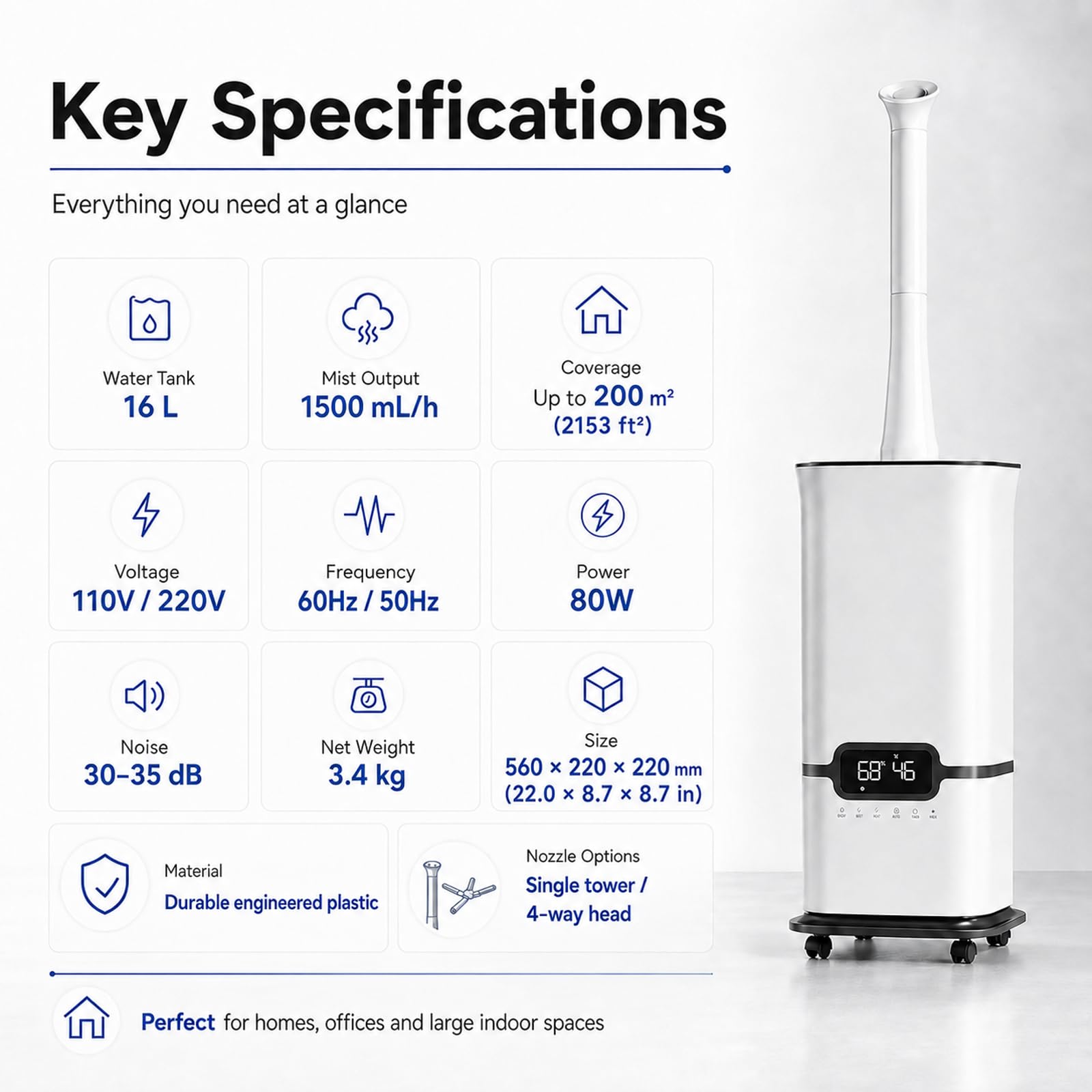 Umidificatore Per Tutta La Casa, 16L Grande Capacità Con 1500ML/H Nebbia