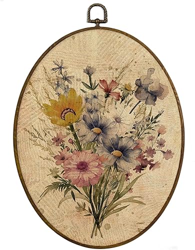 MAQIKA Boho Floral Oval Framed Wall Art Decor, Vintage Botanical Prints, Farmhouse Wildflower Oval Wall Hanging Decor, Flower Canvas Prints Wall Art