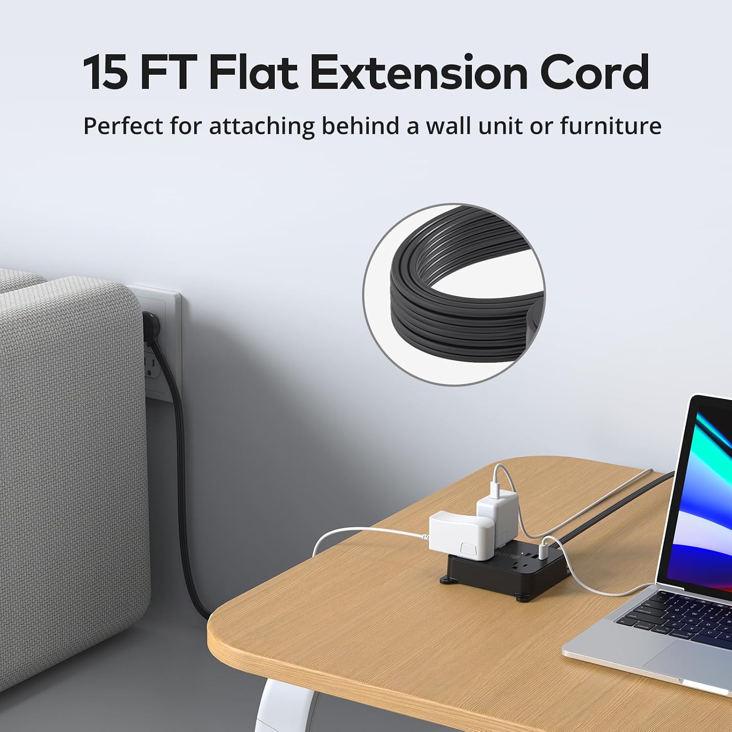 TROND 15FT Long Extension Cord, Flat Plug Power Strip with 3 AC Outlets, 2 USB-A Ports, 1 USB-C Port, Long Cord Desk Charging Station, Wall Mount for Home, Office Accessories, Dorm Room Essentials