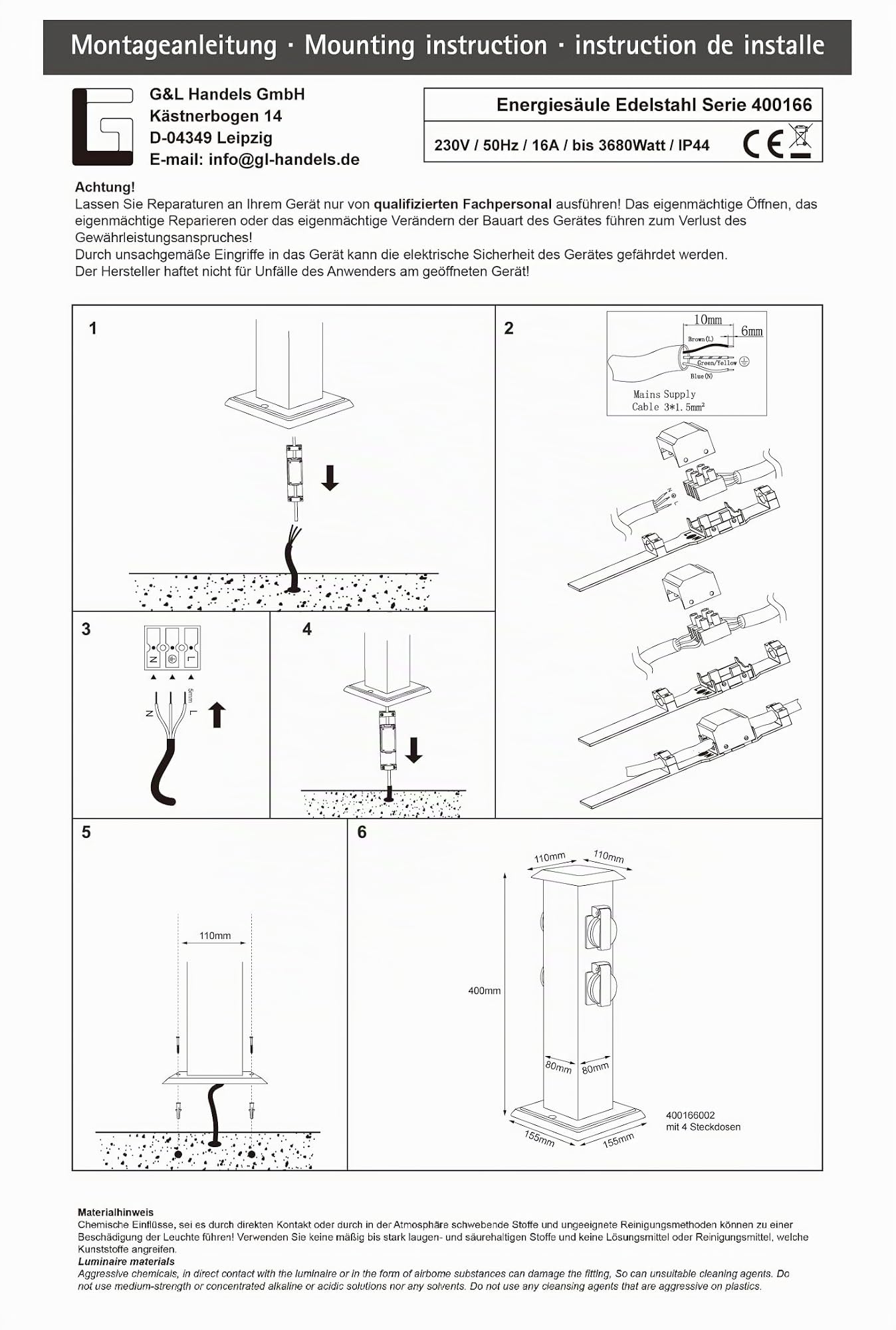 Garten Steckdosensäule aus Edelstahl, Outdoor, IP44, Mit 4-Steckdosen, Höhe 40 cm
