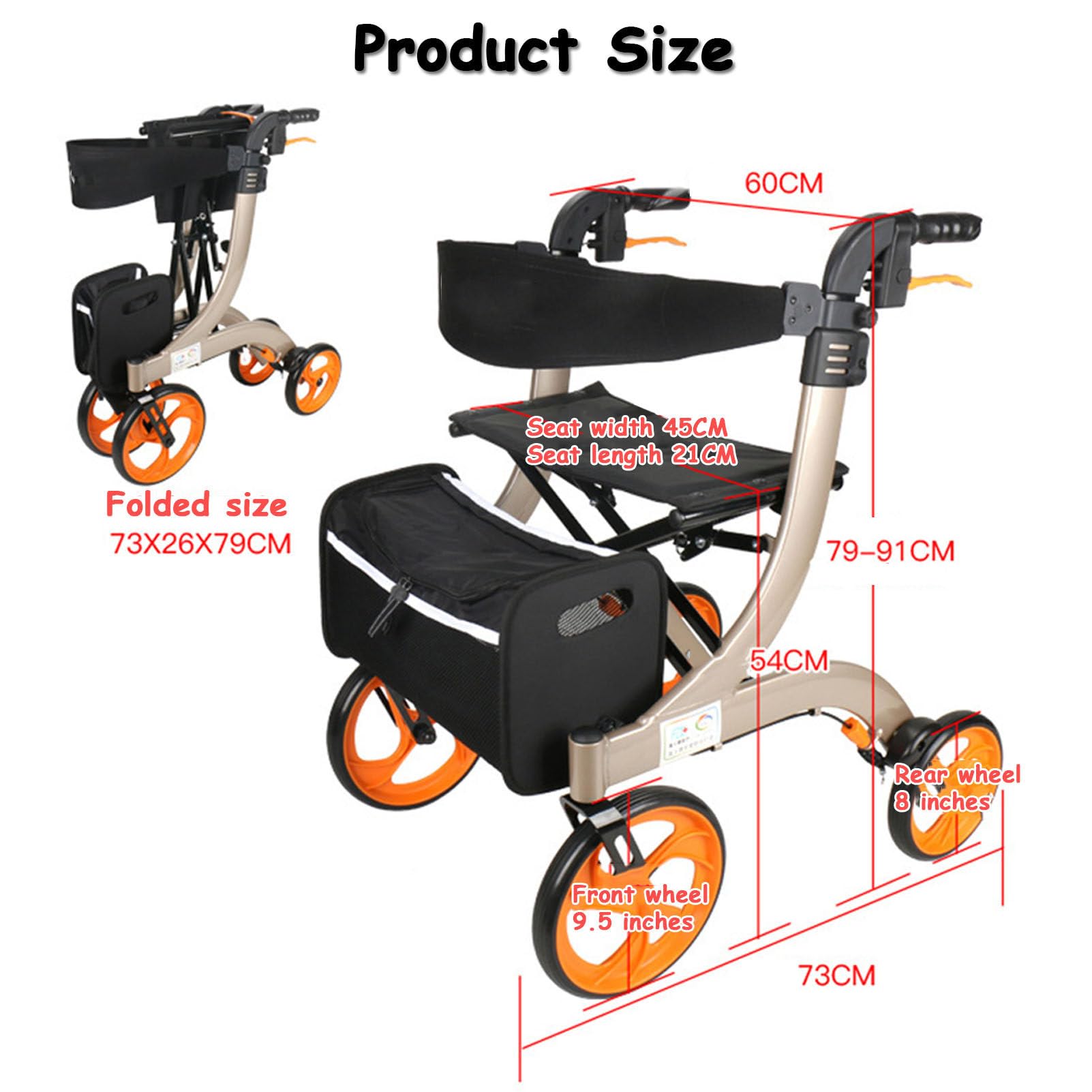 Deambulatore Elettrico Pieghevole con Doppi Freni, Sedile e Borsa portaoggetti Staccabile, Altezza Regolabile, Sedia a rotelle elettrica Leggera per Anziani e disabili,ChampagneColor