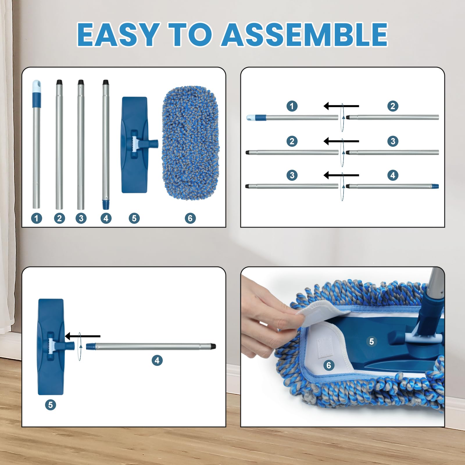 Trapeador de polvo para suelo de madera dura, lavable en húmedo y seco, con mango largo de 58 pulgadas, mopa de microfibra giratoria de 360° para madera, laminado y suelo de baldosas 6