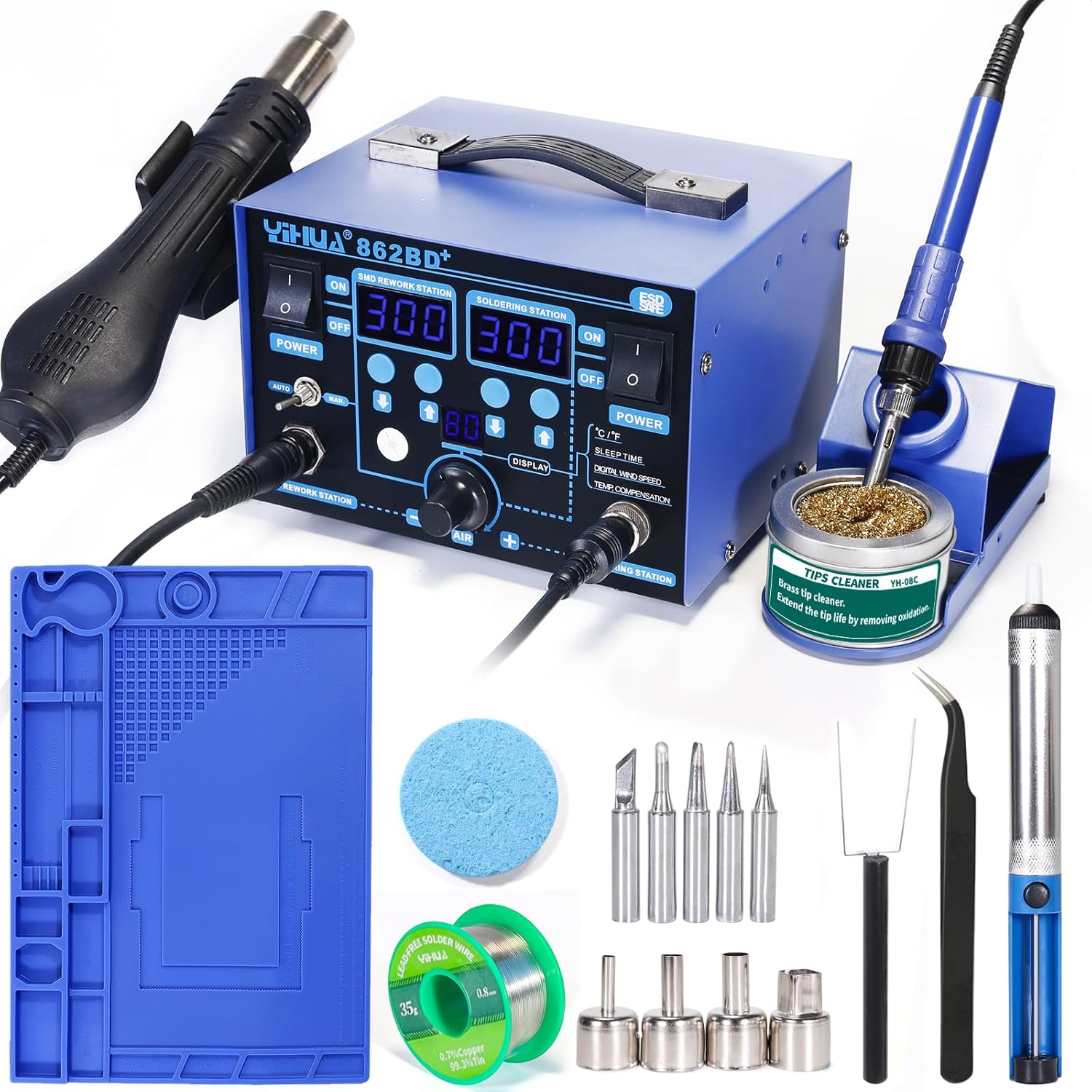 YIHUA 862BD+ Professional Soldering & Rework Station bundle with 17.32" x 12.20" M180 Electronic Repair Mat with Iron Holder, Soldering Cleaning Kit, and Accessories (20 Items)
