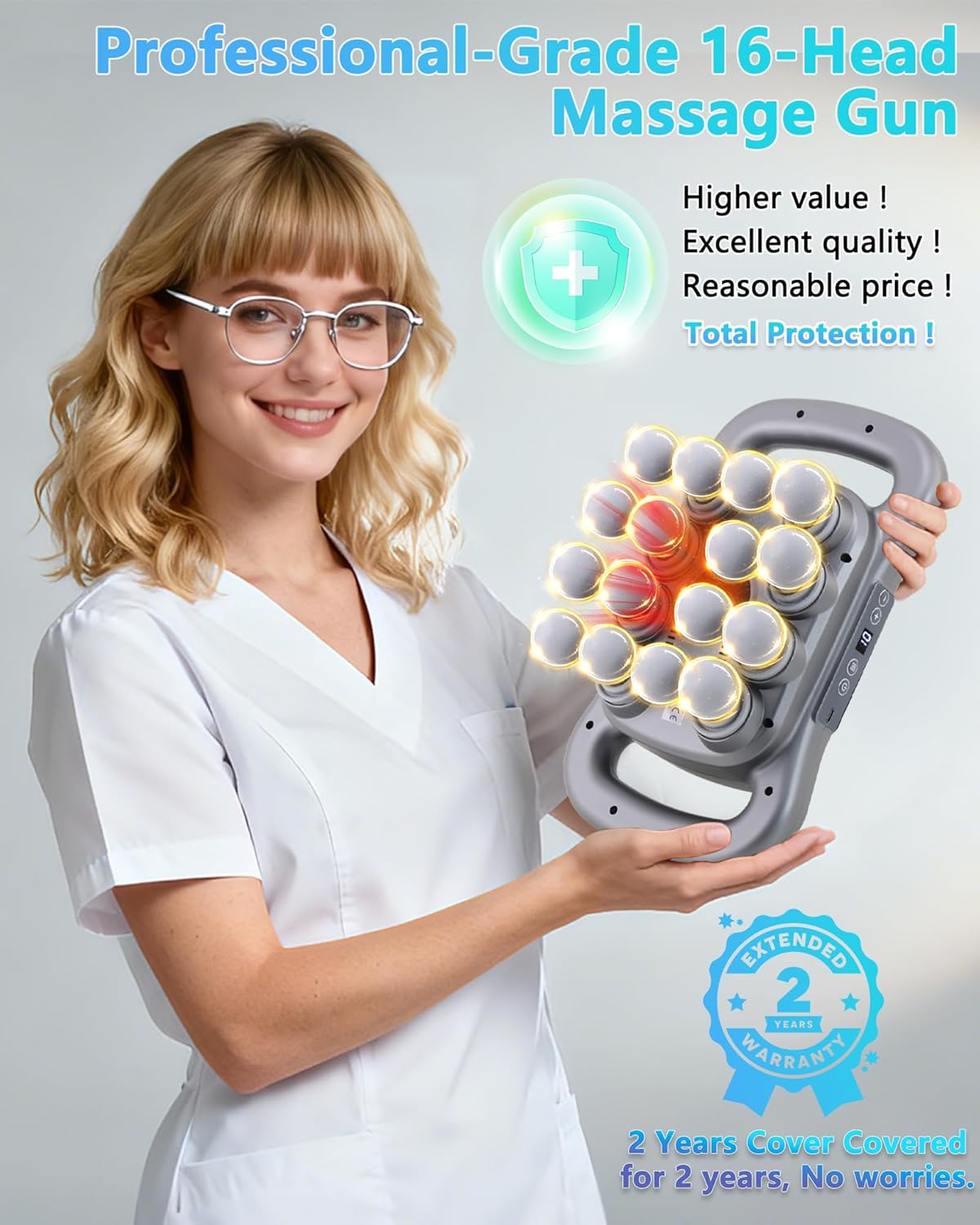 16-Head Massage Gun, Deep Tissue Percussion Massager with 9 Modes & 9 Intensities, 2600mAh Battery Back Bassager for Pain Relief Deep Tissue for Muscle Pain Relief in Back, Legs, Shoulders - Image 9