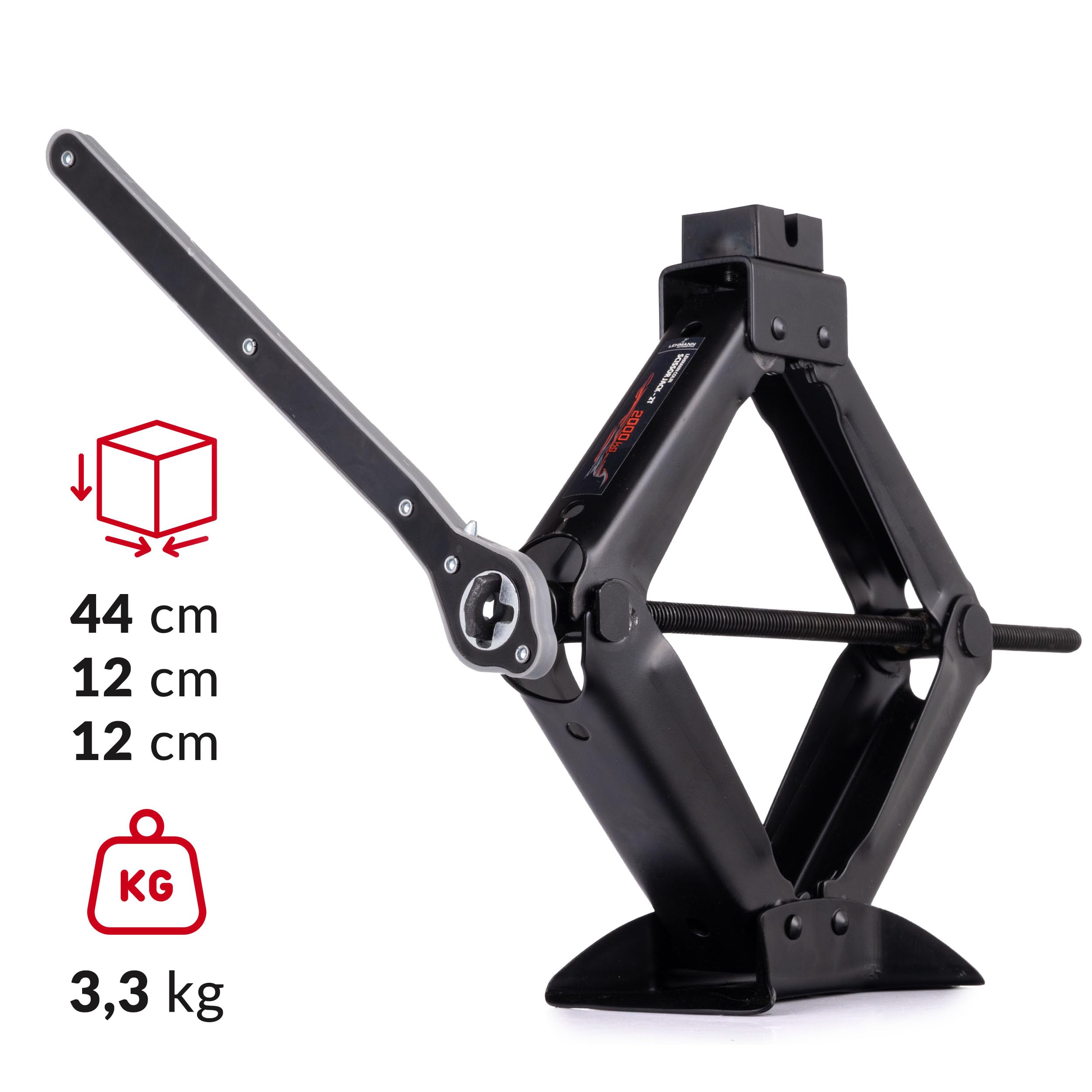 Lehmann Cric Voiture 2T - Cric Ciseaux Portable avec Clé à Cliquet - Hauteur Réglable 120-420mm - Support en Caoutchouc intégré - Idéal pour Entretien, Réparation, Changement de Pneus