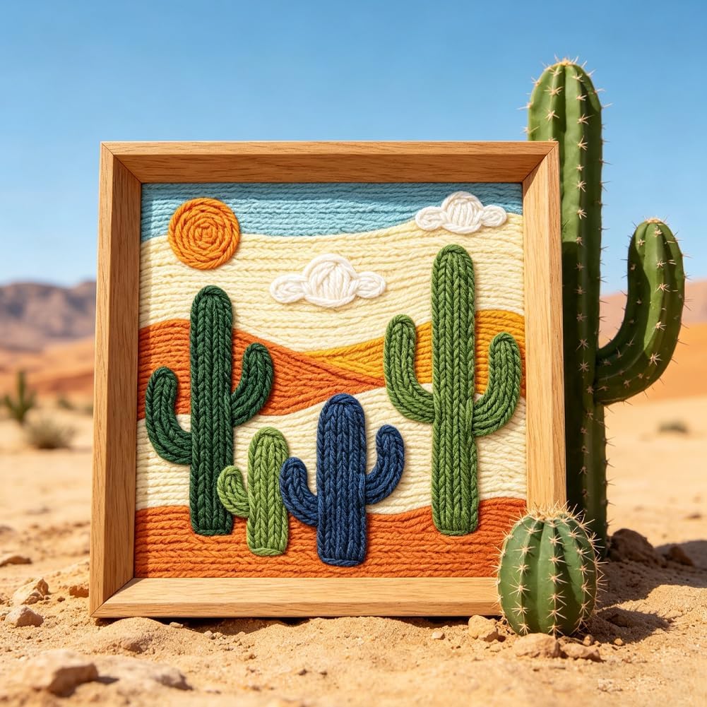 INFUNLY 2PCS Cactus Desert Punch Needle Kit for Beginners Sunset DIY Punch Needle Embroidery Kit 9.4×9.4Inch Handcraft Needlepoint Kits with Boho Pattern Instruction for Festival Gift Home Decor