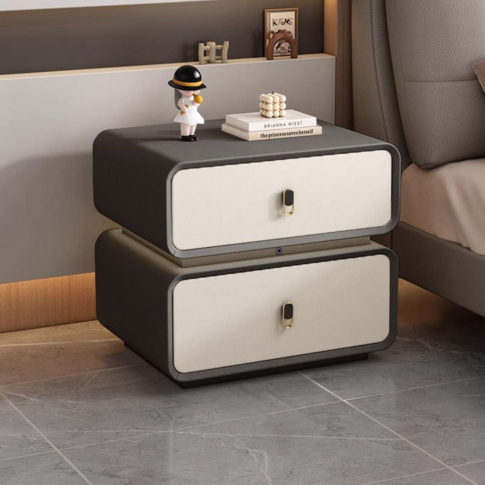 Table de chevet avec lumière LED et tiroir en cuir meuble de chambre monté