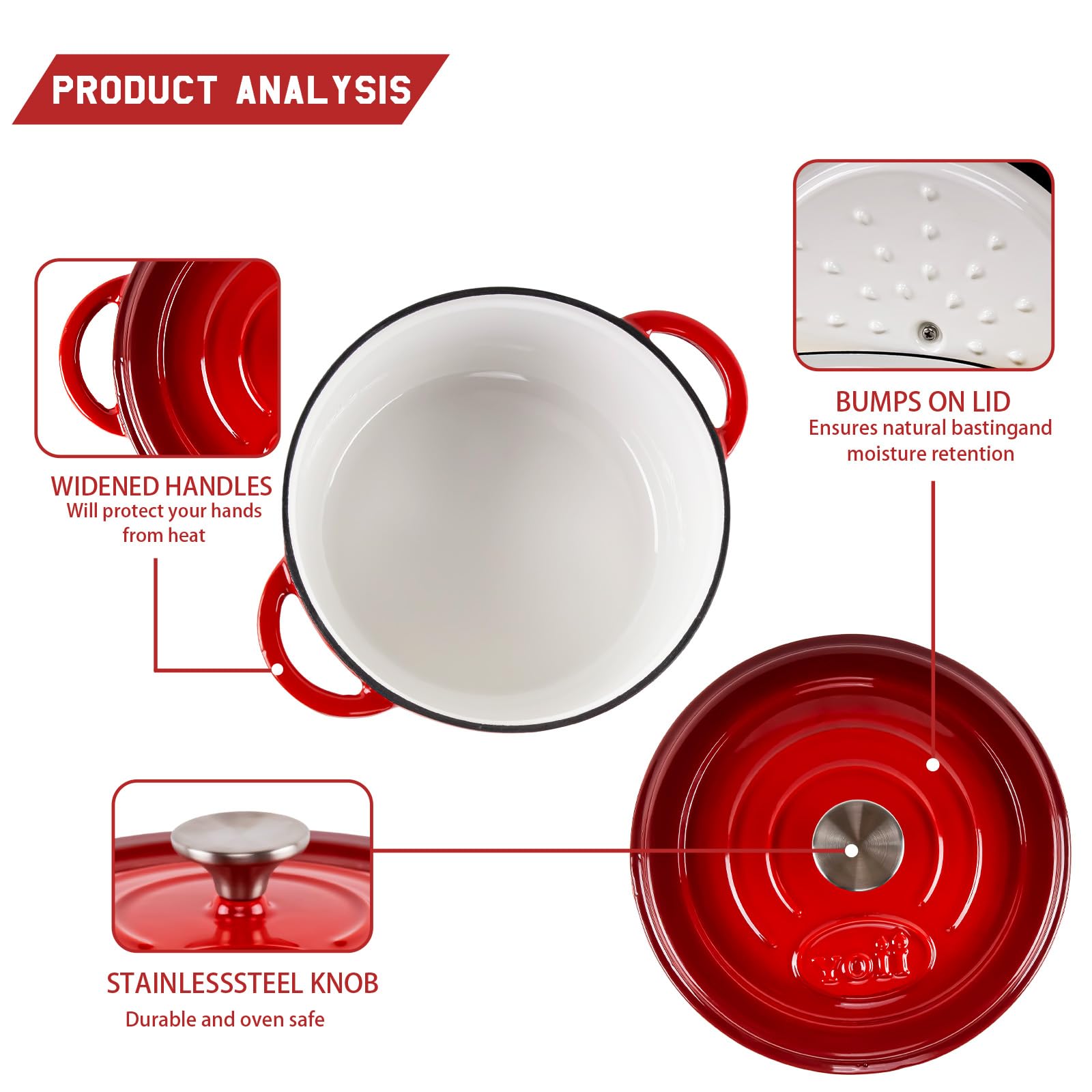 AILIBOO Enameled Cast Iron Dutch Oven - 4 Qt Dutch Oven Pot with Lid, Long-Lasting Enamel Dutch Oven for Bread Baking, Non-Stick Bread Dutch Oven, Enamel Cast Iron Cookware - Red Dutch Oven 4 Quart