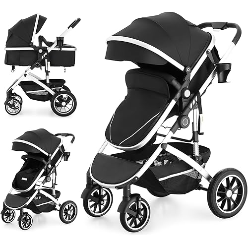 EROMMY 6-in-1 Baby Stroller with Bassinet, Convertible Infant Stroller with Adjustable Backrest & Canopy, Foldable Pushchair with Reversible Seat and Cover for Newborn 0-36 Months (Black)