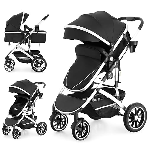 EROMMY Cochecito de bebé 6 en 1 con moisés, cochecito infantil convertible con respaldo y toldo ajustables, cochecito plegable con asiento Negro,Gris
