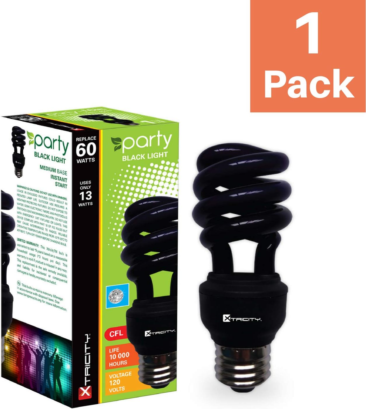 CFL Compact Fluorescent Black light bulb Colored Light Bulb T2 Spiral, 13W (60 Watt Equivalent), E26 Medium Base black light bulbs for glow in the dark 120V, UL Listed, Black Light - UV (1 Pack)