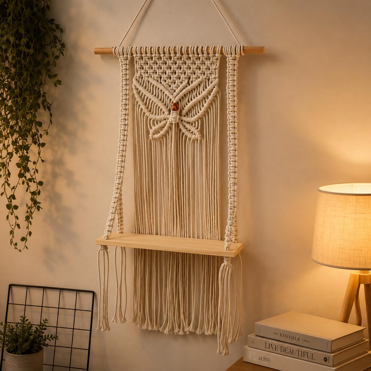 thetopknott macrame wall hanging with wooden shelf, boho cotton rope woven tapestry, beige, fringe decor for living room