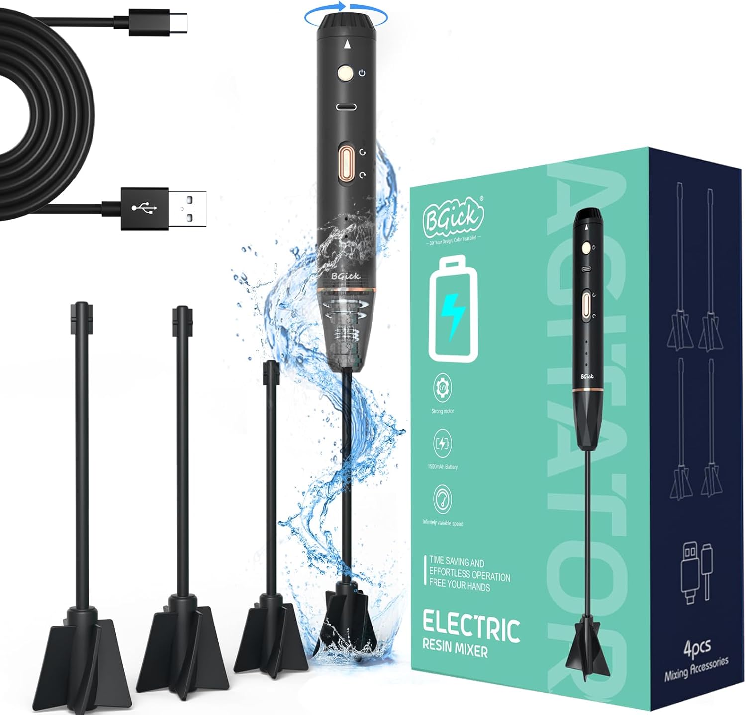 Upgraded Resin Mixer, Handheld Rechargeable Mixer with Minimizing Bubbles,Epoxy Resin Mixer for Resin, Silicone Mixing, Resin Molds, DIY Crafts (Included 4 pcs Paddles) (Black)