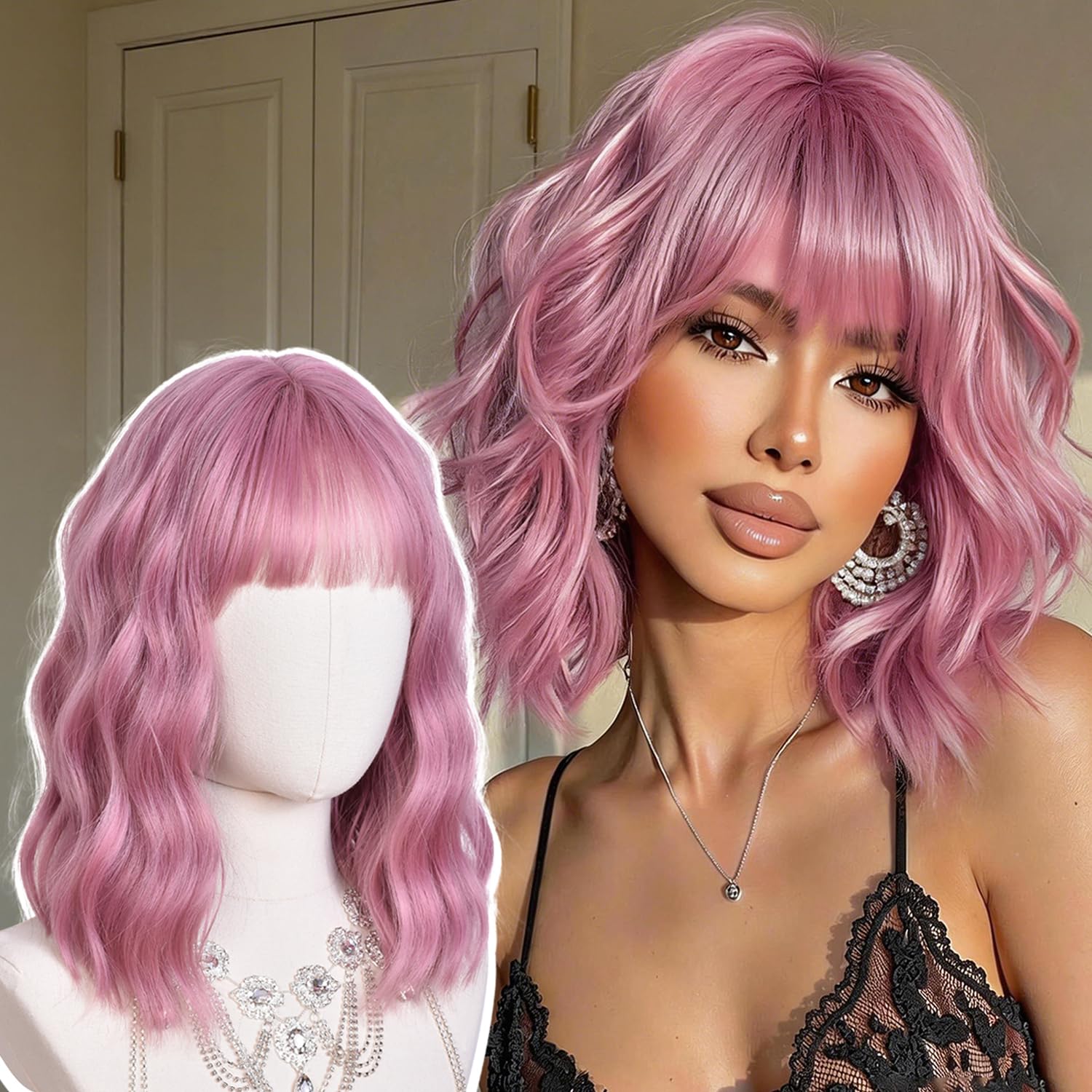 Bob Wavy Wig with Bangs for Women Pink Short Wavy Wig Shoulder Length Curly Hair Silky Soft Synthetic Hair Black Wigs for Girls Daily Party Use