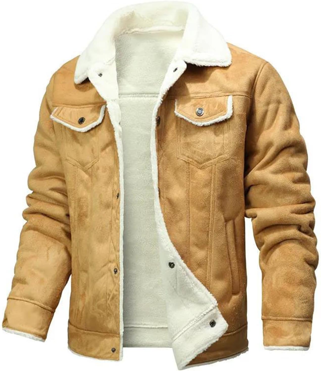 Men's Single Breasted Suede Leather Jacket Faux Fur Lined Warm Coat Slim Fit Motorcycle Style Soft Winter Outerwear