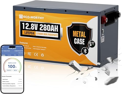 ECO-WORTHY LiFePO4 carcasa metálica de 12 V 280 Ah batería de litio con Bluetooth, protección a baja temperatura, BMS de 200 A integrado, 3584 W