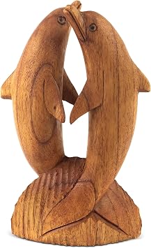 G6 Collection Wooden Hand Carved Dolphin Statue Sculpture Wood Decorative Home Decor Accent Figurine Handcrafted Handmade Seaside Tropical Nautical Ocean Coastal Decoration 2 Dolphins, 8"