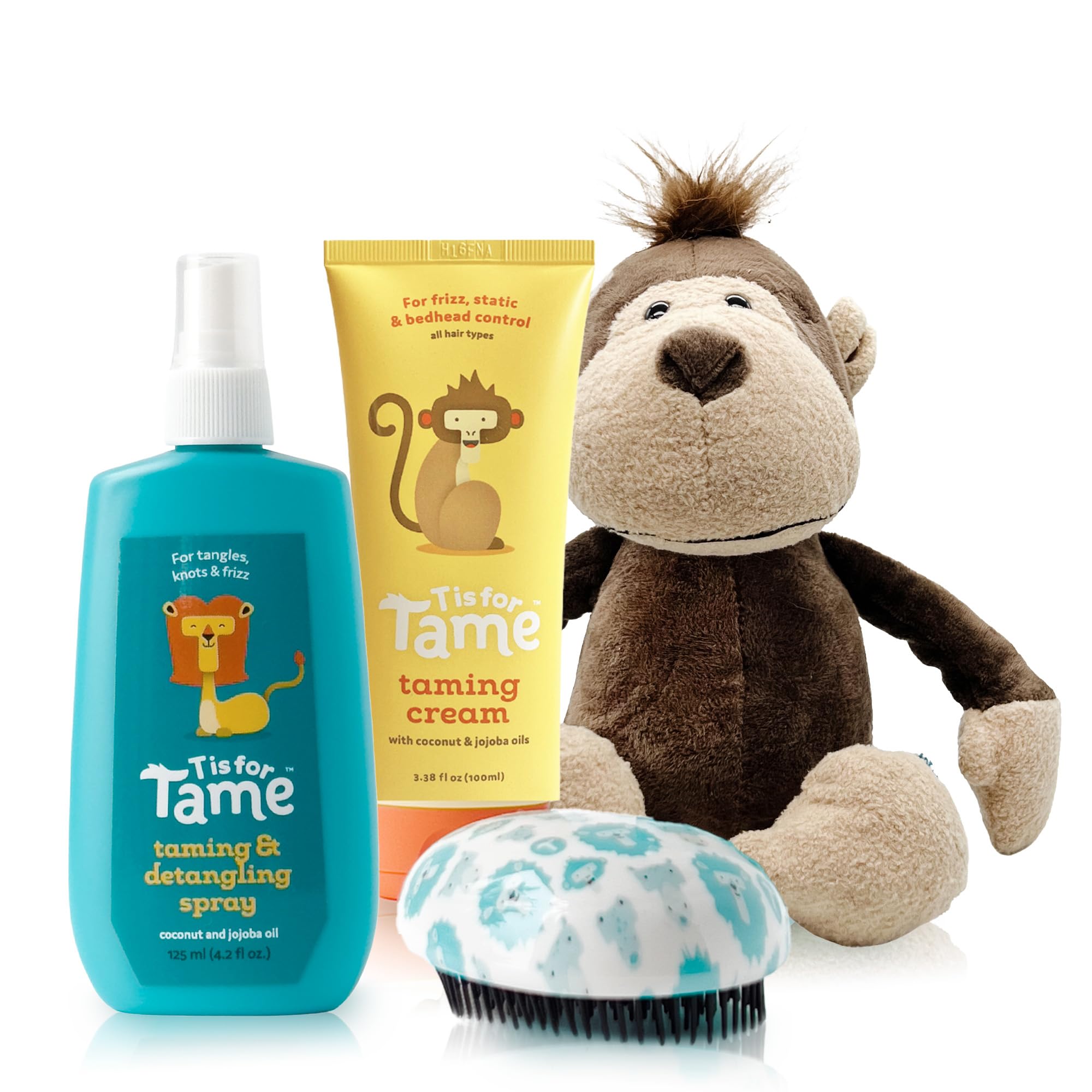 4-in-1-100% Natural Hair Taming Kit with Detangler Spray & Leave in Cream for Bed Head, Frizz & Flyaways - Plus Adorable Plush Monkey that Entertains While Parents Tame Hair