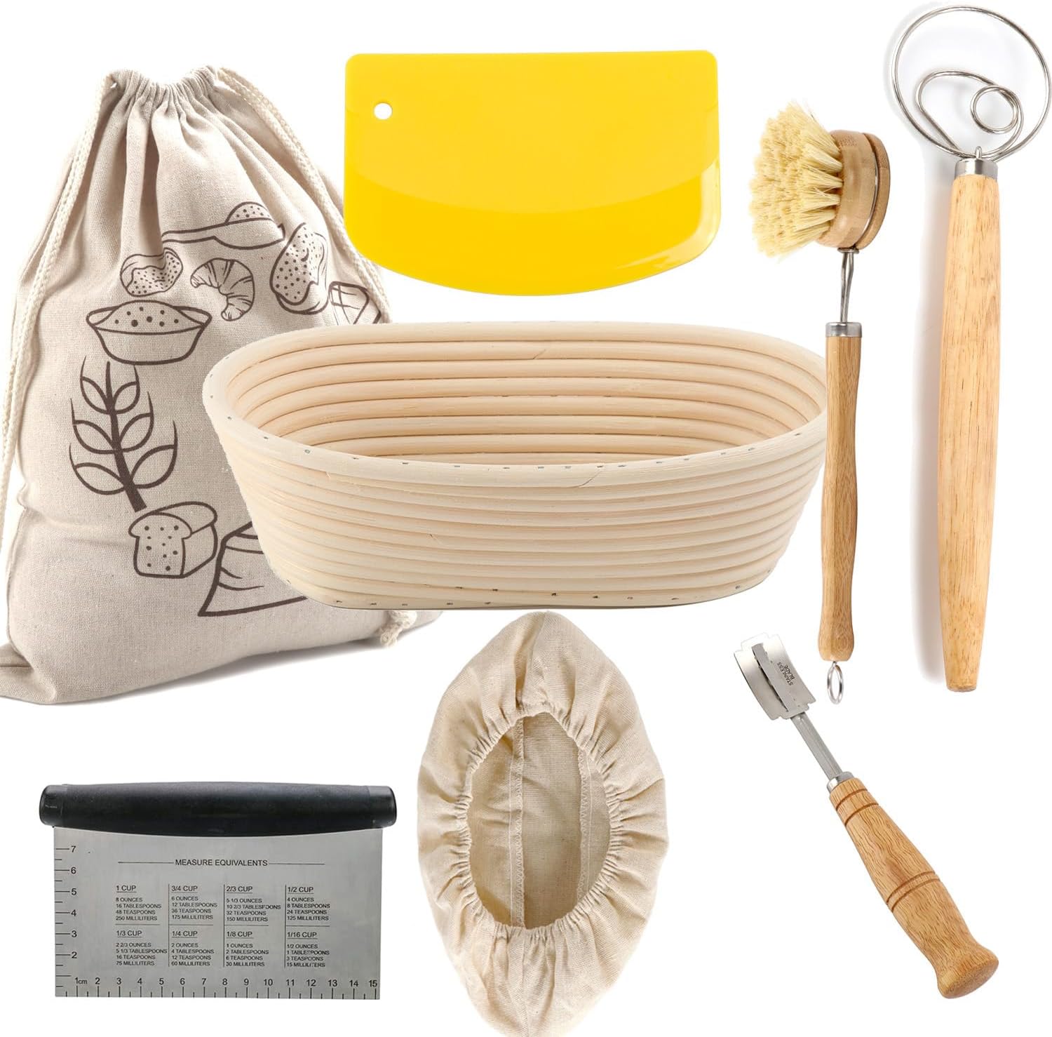 – Rattan Bread Proofing Basket Set Sourdough Bannetons Proving Basket Bread Baking Mold Tools Fermentation Basket with Cloth Liner Dough Scraper Dough Whisk (Oval 10 inch)