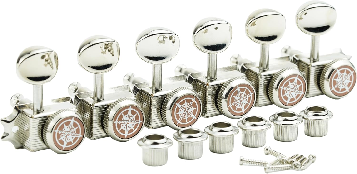 Guyker 6 Inline Vintage Guitar Lock String Tuners – Locking Tuning Key Pegs Machine Heads Replacement Parts for ST TL Style Electric, Folk or Acoustic Guitars – Nickel