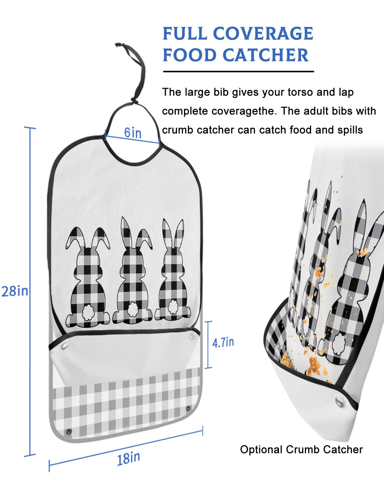 Spring Easter Adult Bibs for Eating, Waterproof Bibs with Food Catcher & Adjustable Snap Closure, Black and White Buffalo Plaid Bunny Washable Clothing Protectors Adult Bibs for Elderly Women/Men