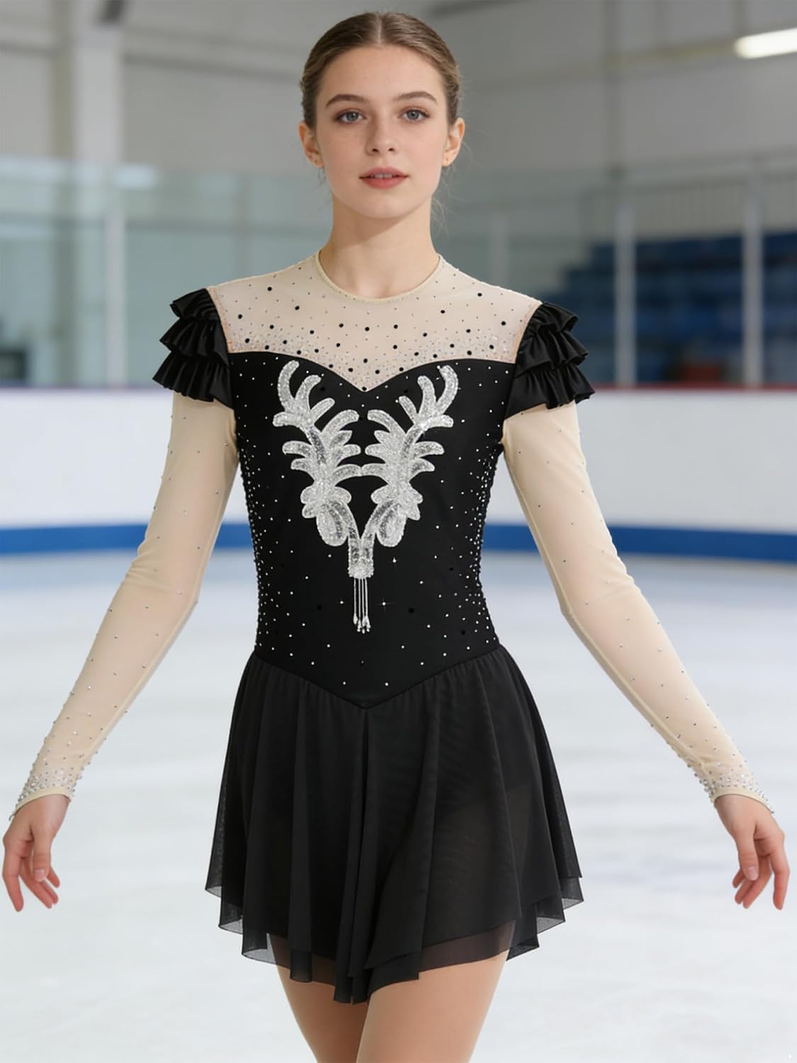 Ice Skating Dress for Women Patchwork Long Sleeve Sequined Applique Competition Figure Skating Costume