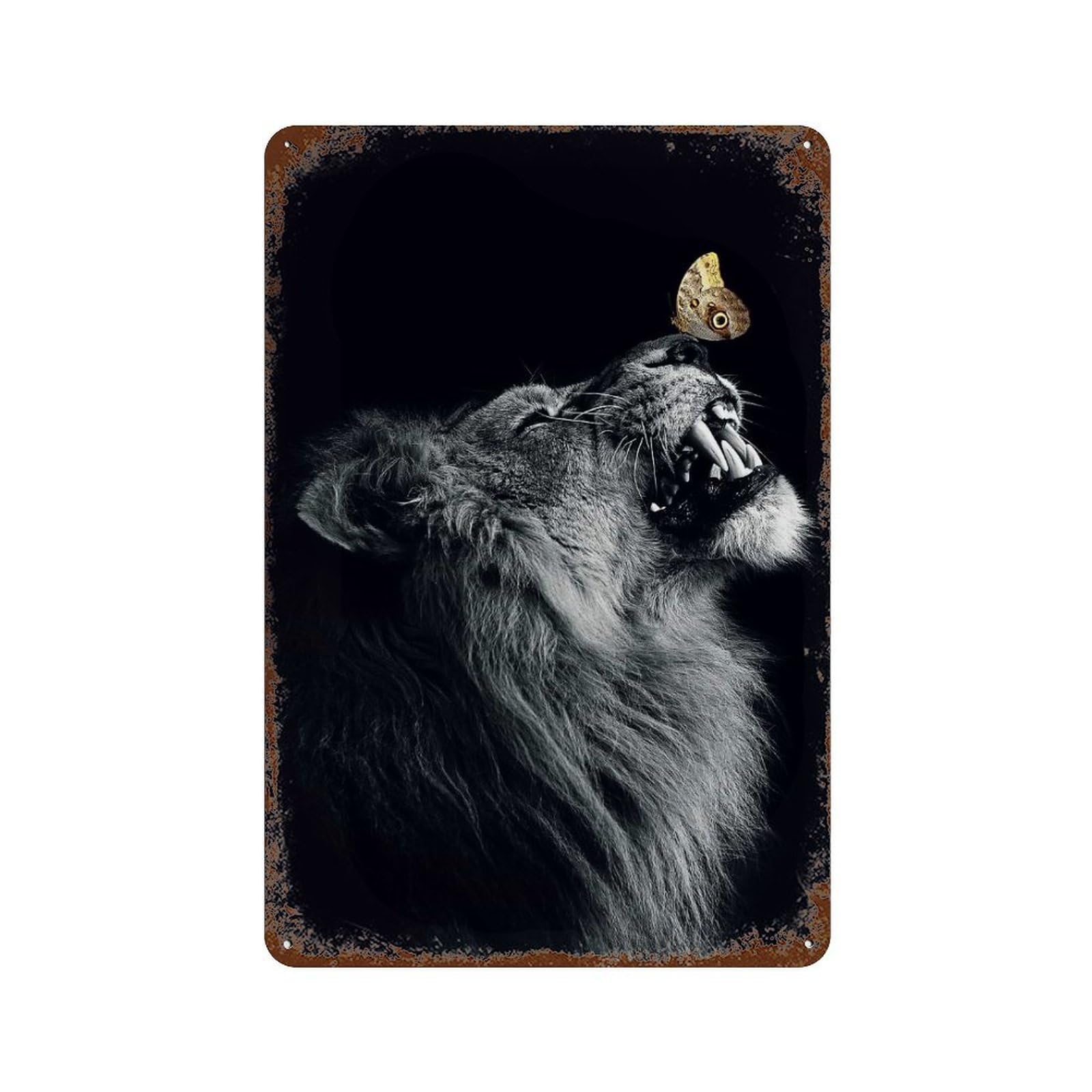 Lion with Butterfly Poster Rust Effect Tin Sign 11.8"x7.9", Industrial Home Decor for Garage, Pub Or Kitchen