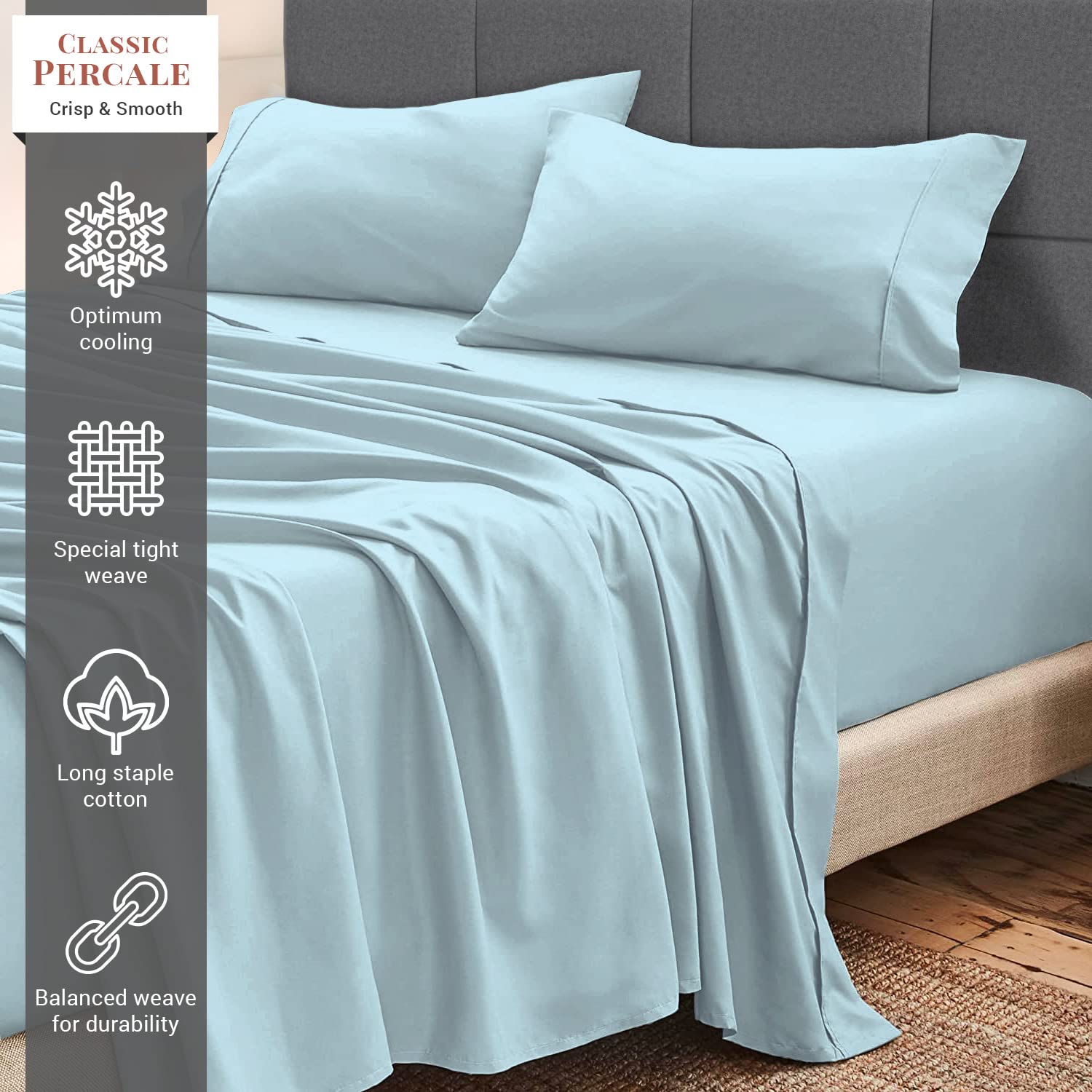 Pizuna Cotton Percale King Size Sheet Set Baby Blue, 100% Long Staple Combed Cotton Bedding Set 275x280 cm - Image 2